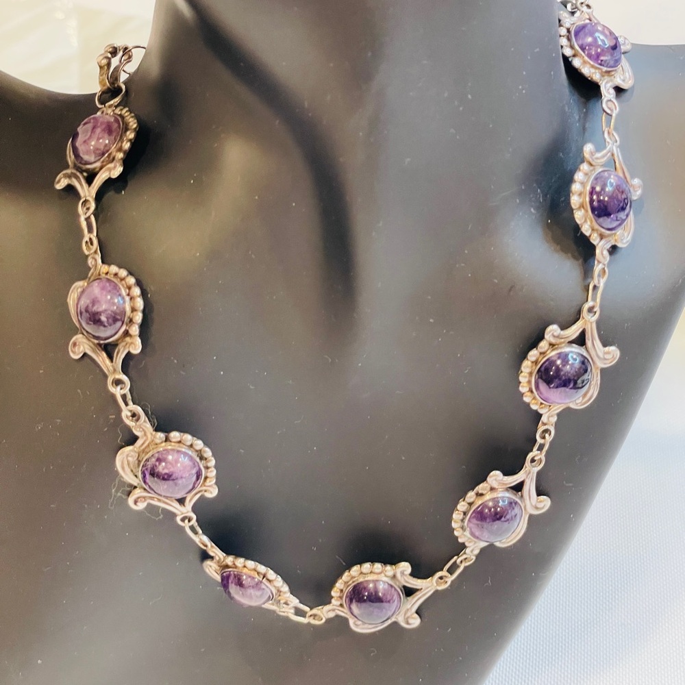 Vintage Sterling Silver Amethyst Necklace And Bracelet Set